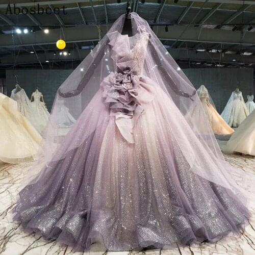 Shiny Purple Ball Gown Evening Dress 3D Flowers Pattern 2021 Prom Party Elegant Long Evening Gown Women Wear Lace Up Back