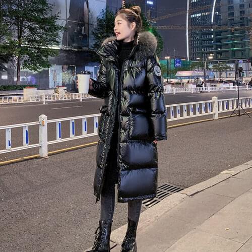 Black Glossy Women Winter Jacket Big Fur Collar Winter Coat Women Long Down Parka Lady Hooded Parkas Warm solid Cotton Jackets