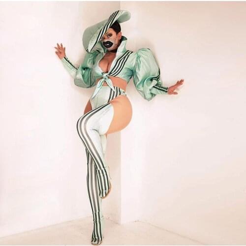 Women DS Jazz Dancer Bar Singer Outfit Set Black Stripe Shirt Short Cap Legging Outfit Prom Party Club Show Wear Set