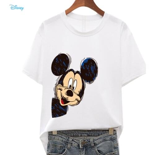 Disney Cartoon Mickey Mouse T Shirt Femme Ete 2021 Loose Short Sleeve T-shirt Woman 90s Aesthetic Shirt for Girl White Top Y2K