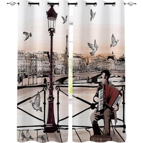 Accordionist Art Bridge Paris Pigeon France Curtains for Windows Drapes Blinds Print Curtain For Living Room Bedroom Home Decor