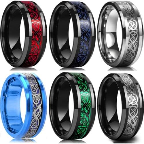 8 Colors 8mm Man Blue Red Carbon Fiber Black Dragon Inlay Comfort Fit Stainless steel Rings for Men Wedding Band Accessories