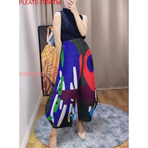 Miyake Folds 2021 Spring and Summer New Printed Pants Loose Large Size Personalized Design Nine-point Pants Wide-leg Pants