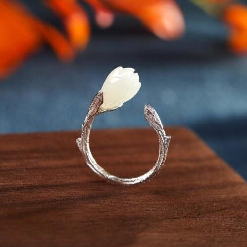 New silver original inlaid natural Hetian white jade orchid temperament Chinese retro niche design women opening adjustable ring