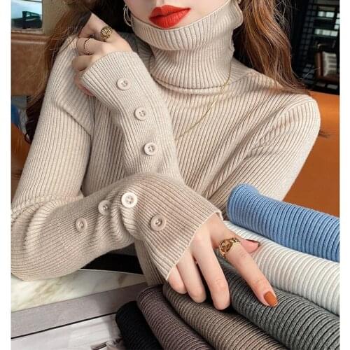 New Knitted Turtleneck Sweaters Women Elegant Long Sleeve Casual Skinny Pullovers Jumpers Autumn Winter Knitwear Bottons Tops