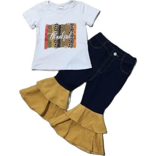 Girlymax Fall Top Short Sleeve Leopard Thankful Baby Girls Ruffles Denim Jeans Bell-bottoms Pants Set Kids Clothing