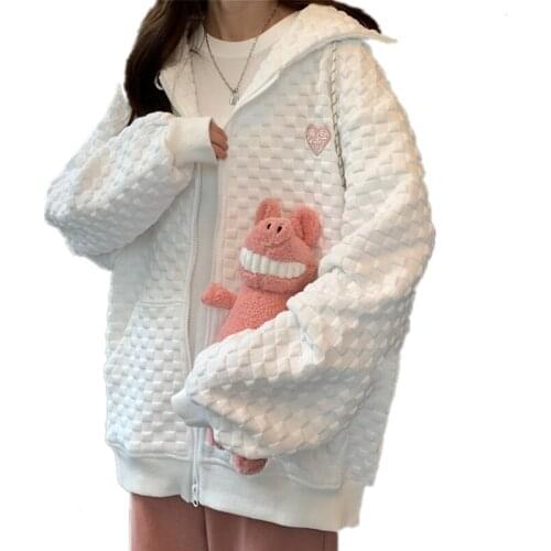 Autumn Oversized Women Hooded Sweatshirt Trendy 3D Embossing Plaid Zip-Up Hoodies Street Fashion Casual Plus Pocket Outwear