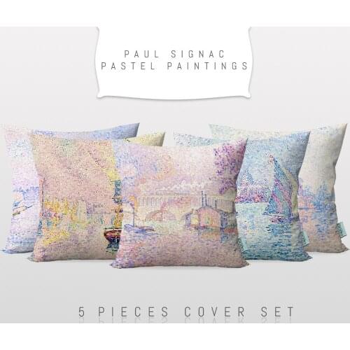 Cipcici Paul Signac Pastel Paintings 5 Pieces Pillow Case Set Art Decor Sofa Cushion Cover Printable Art Reversible 2 Side