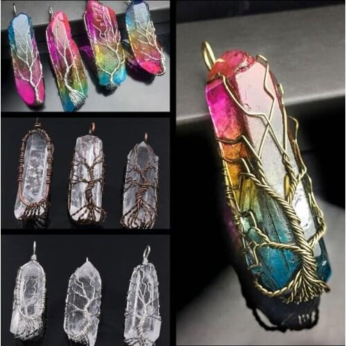Natural Stone Charms Pendants 7 Chakra Rainbow Jewelry DIY Quartz Tree of Life Reiki Healing Pendant Pendulum Necklace Women Men