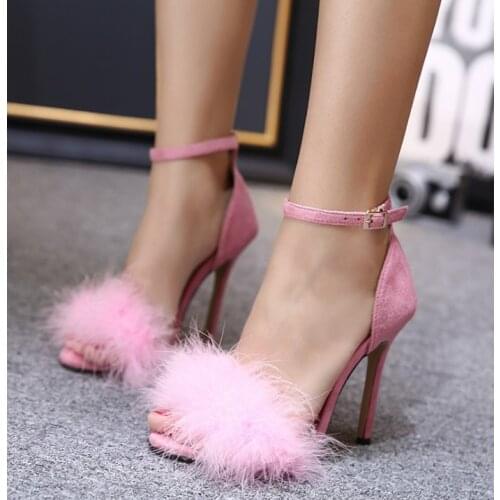 Fashion 11cm Heels Designers Summer Shoes Women Stiletto Sandalen Open Toe Fluff Strappy Thin High Heels Lace Up Fur Sandals