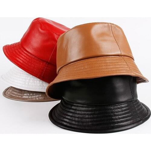 Spring/Winter Japanese Korean Unisex Genuine Leather Bucket Hats Men/Women White/Khaki Fisherman Caps Easy Carry Street Bonnet