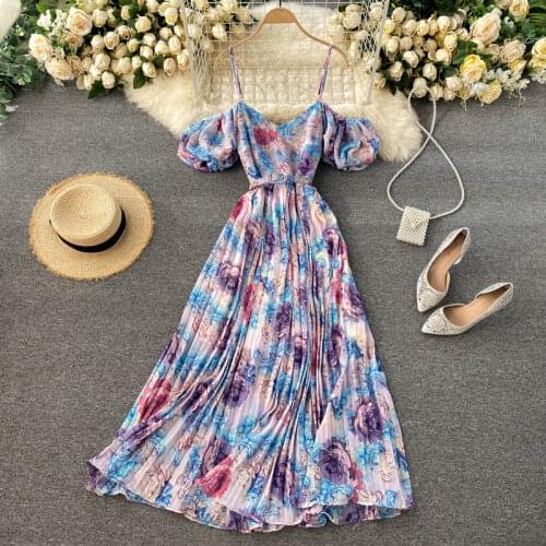 Chic Colorful Print Design Pleated Dress Beach Style Puff Short Sleeve Women Dresses Sexy Shoulder Strapless Vestidos