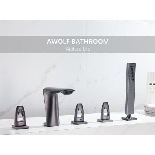 Solid Brass Bathroom Bathtub Shower Faucet Set Matt Black Dual Handle Grey Hot And Cold Mixer Water Tap 5 Parts ML8103