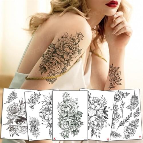 Temporary tattoo sticker rose flower peony drawing sexy tattoo for women black henna sketches tattoo designs waterproof big size