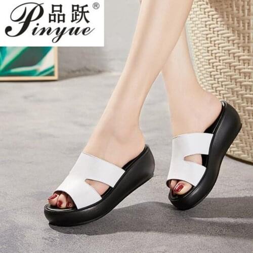 Women Summer Slippers Casual Shoes Genuine Leather Wedges Platform Slippers Women Sandals High Heel Slides