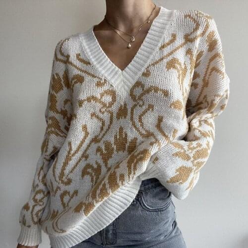 Pull Femme 2021 Soft Knitted Pullover Sweater Women Print Long Sleeve Loose Sweater Fall Winter Fashion V-neck Knitted Pullover