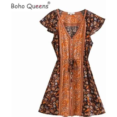 Boho Queens hippie women floral print deep V-neck Bohemian mini dress ladies short sleeve single breasted Boho dresses vestidos