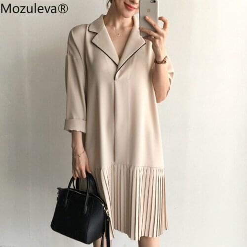 Mozuleva 2020 Elegant Notched Collar Pleated Women Dresses Vintage Loose Female Short Dress Full Sleeve Spring Summer Vestidos