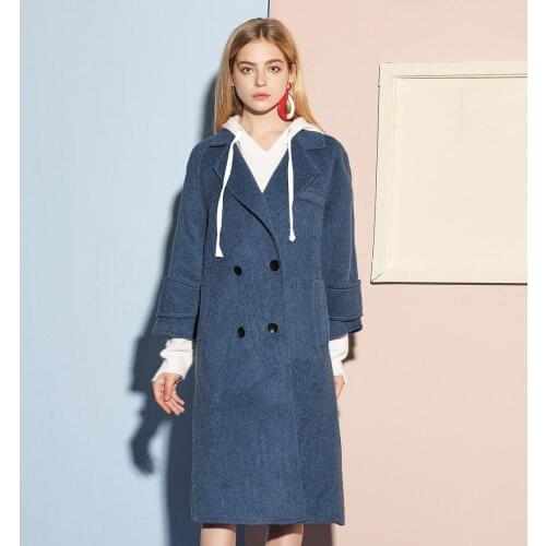 Fall Winter Women Female Casual Double Breasted Buttons Long Woolen Coat Clothes , Navy Beige Wool Coat for Woman Clothing