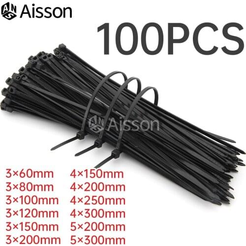 100PCS Self-Locking Plastic Nylon Cable Tie Fastening Ring Black 3x100 4x150 5x200 mm Zip Wraps Strap