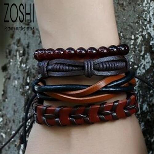 4pcs/set Dark Brown Genuine Cow Leather Multilayer Bracelet For Men Dark red Beaded Bracelet Punk Jewelry Handmade Set Xmas Gift