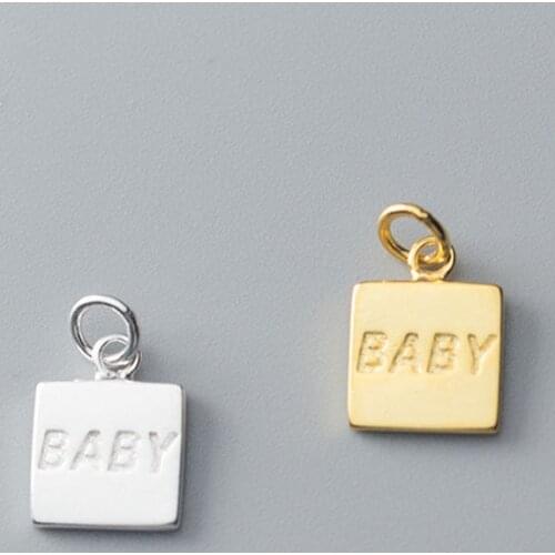 925 Sterling Silver Carved BABY Square Card Charms 10mm Small Plated Gold Dangle Bracelets Pendants DIY Fine Jewelry Accessories