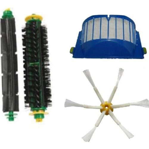 Aerovac Filter+6 Arms Side Brush+Bristle and Flexible Beater Brush for iRobot Roomba 500 Series with green cleaning head modules