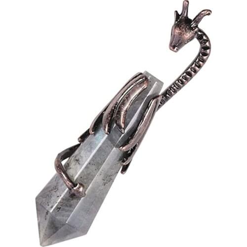 FYSL Antique Copper Dragon Wrap Hexagon Prism Labradorite Stone Pendant Black Agates Jewelry