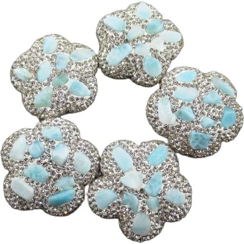 APDGG Wholesale 5 Pcs Flower Shape CZ Pave Silver Rhinestone Pave Blue Larimar Beads Jewelry Findings