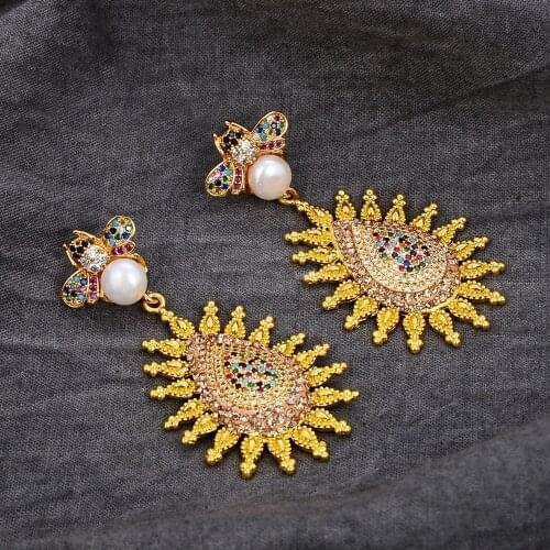 White Pearl Trimmed With Cz Pave Insect Gold Plated Dangle Stud Earrings