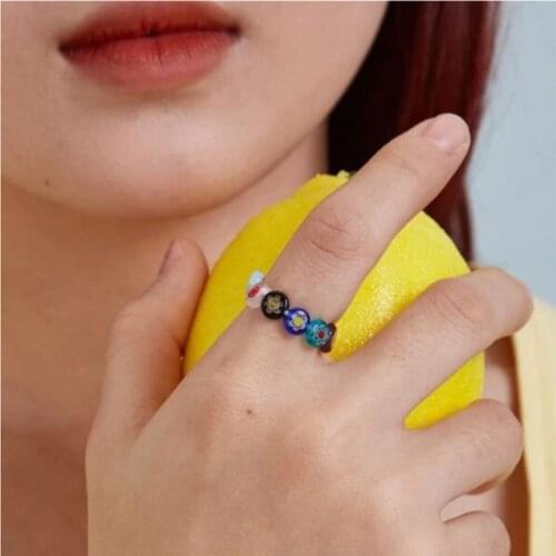 Bohemian Rings for Women Design Sense Dried Flower Ring Seven-color Glazed Elastic Beaded Ring Jewelry