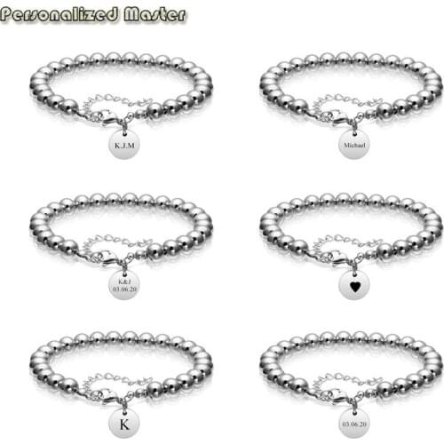 Personalized Master Custom Name Tag Bracelets 6mm 8mm Beads Adjustable Chain Stainless Steel Engraved Letters Bracelet Jewelry