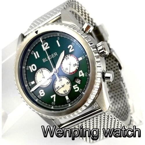 Bliger 45mm watch silver case bidirectional bezel green dial luminous Japan VK quartz movement mens Chronograph quartz watch