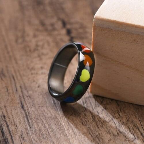 Rainbow Heart Ring Stainless Steel Black Wedding Band Rings