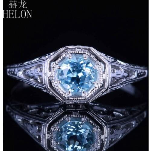 HELON Solid 14K AU585 White Gold Flawless Round 4.5mm Genuine Sky Blue Topaz Engagement Ring Women Vintage Trendy Jewelry