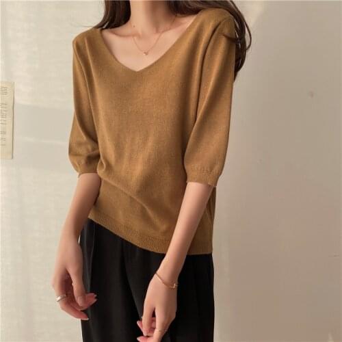 HziriP 2021 Solid Chic Femme Short Sleeves V-Neck Streetwear Girls Tops Casual Summer Loose All Match Basic Stylish T-shirt