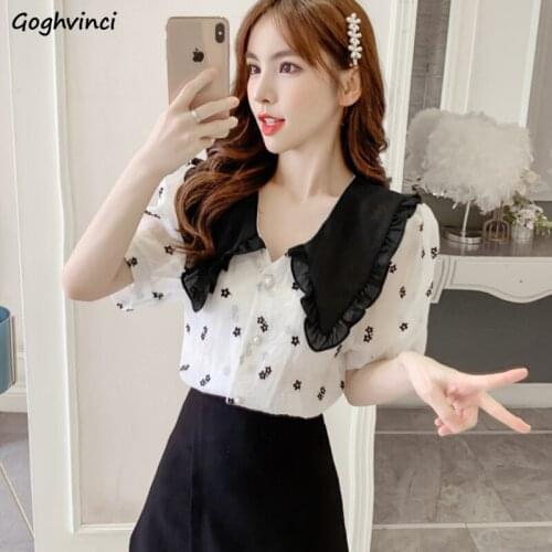 Short Puff Sleeve Shirts Women Peter Pan Collar Elegant Printed Loose Floral Temperament White Soft Button Up Ladies Trendy Chic