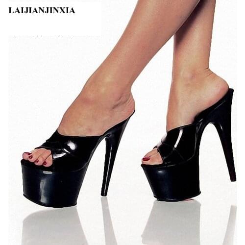 LAIJIANJINXIA New Women Slippers Open Toe 17Cm High Heels Platform Outdoor Slides Summer Slippers Mules Shoes Women Slides