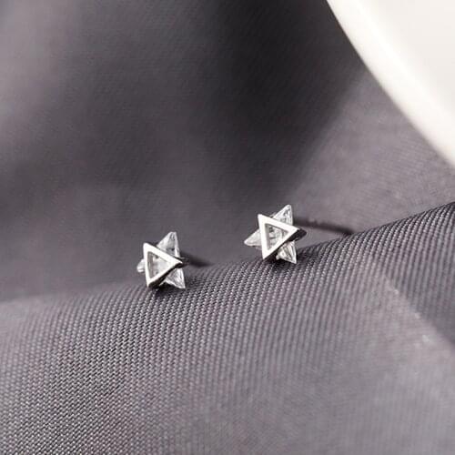 Fashion Cute Mini Silver Plated Girl Design Geometric Triangle Earrings Personality Simple Glittering Crystal Lady Party Jewelry