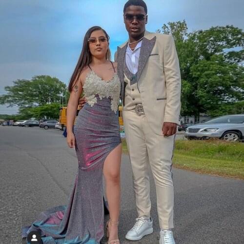 Newest Three Pieces Prom Tuxedos Glitter Peak Lapel Men Wedding Suit Slim Fit Mens Jacket and Pants