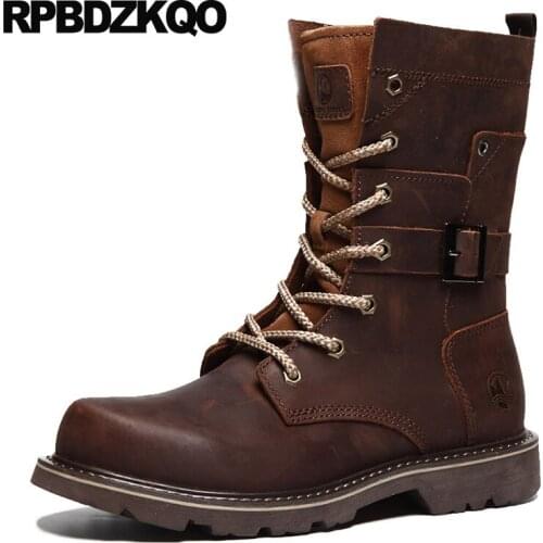 Lace Up Army Military Fall Full Grain Leather Luxury Mid Calf Shoes Non Slip 2018 Men Brown Chunky Retro Combat Boots Runway