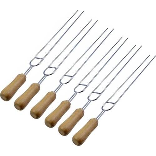 Useful U-Shape Wooden Handle Stainless Steel BBQ Tool Set BBQ Roast Barbecue Needle Skewer for Home BBQ Party Set of 6