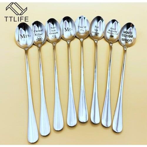 TTLIFE New Good Morning Beautiful/Handsome Couples Spoon Long Handle Coffee Tea Ice Cream Tableware Valentine New Year Household