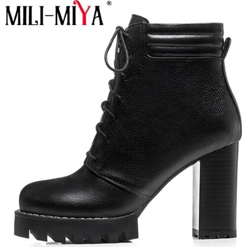MILI-MIYA New Arrival Ankle Genuine Leather/Nubuck Leather Women Boot Super High Square Heels Solid Motorcycle Handmade Foe Lady