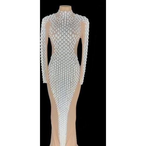 New Style Rhinestones Pink Long Tail Birthday Celebrate One Sleeve Dress Evening Bar Women Singer Dancer Dresses