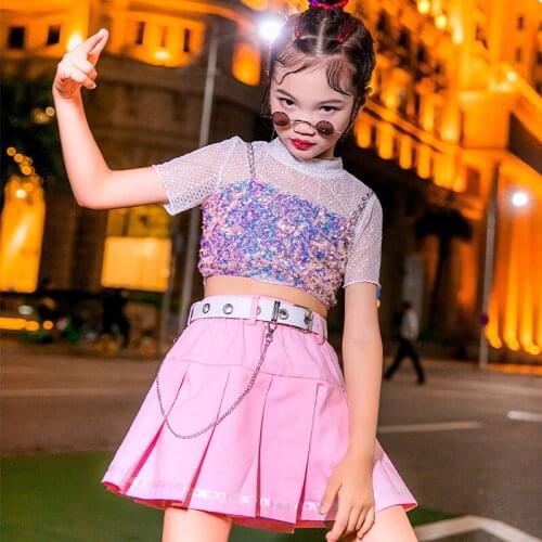 Girls Jazz Dancewear Mesh Tops Sequins Vest Pleated Skirt Summer Hiphop Street Dance Performance Stage Costume Suit YS1837