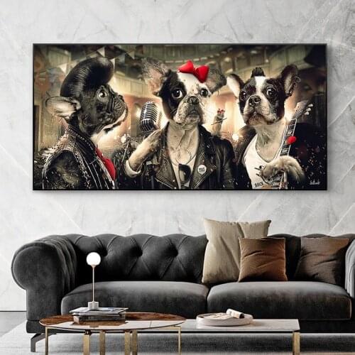 Dog Holding Microphone and Guitar Wall Painting for Living Room Dog Playing Music Decorative Posters on Canvas Home Decoration