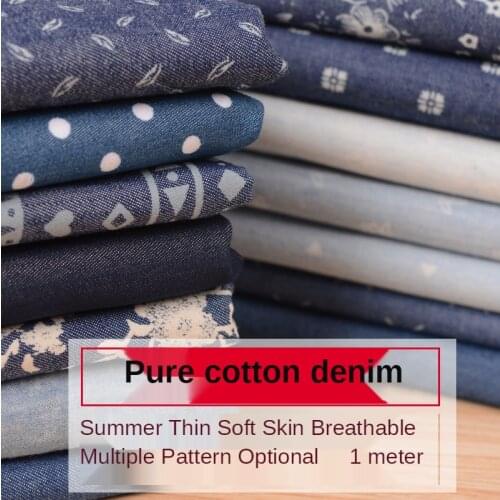 Thin Washed Denim Cotton Fabric By The Meter Cowboy Brocade Printed Drape for Dress Skirt Pants Blue Soft Breathable Summer Diy