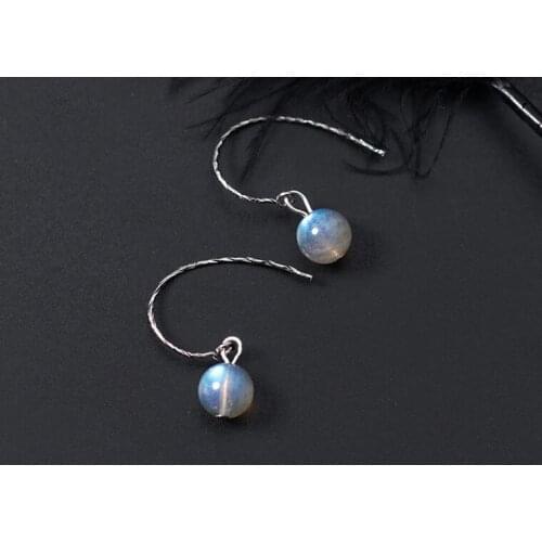 Thin 7MM SMALL 1pair Authentic Real 100% 925 Sterling Silver Fine Jewelry Natural Moonstone Hook dangle Earrings gtle2246