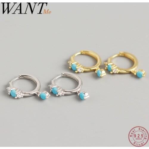 WANTME Genuine 100% 925 Sterling Silver Blue Turquoise Dangle Bead Stud Earrings for Women Bohemia Ear Hoop Jewelry Accessories